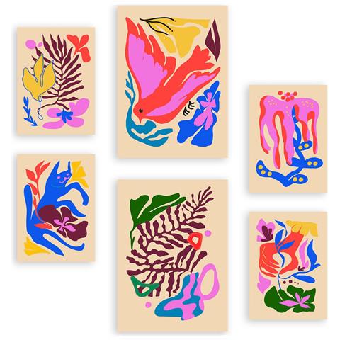 Set Di 6 Stampe Pittoreschi 3 Dipinti Decorativi Astratti Con Fiori Per Il Tuo Soggiorno, Camera Da Letto, Casa A3 & A4 Senza Cornice - Foto 1