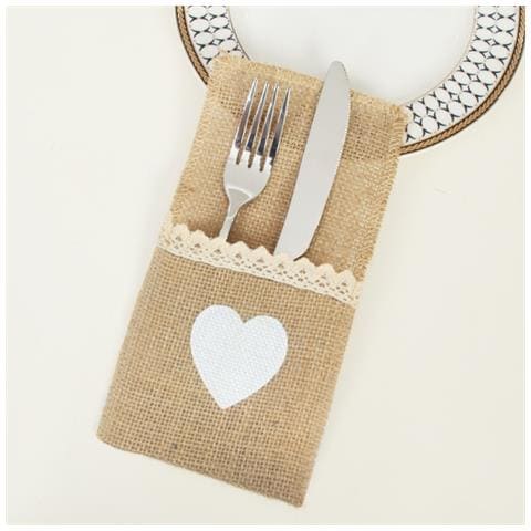 Set Di 10 Portaposate In Iuta Con Cuore Bianco - Decorazione Tavola Per Natale E Matrimonio - Foto 2