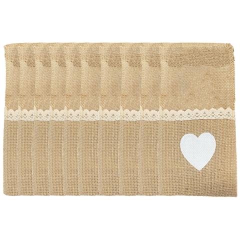 Set Di 10 Portaposate In Iuta Con Cuore Bianco - Decorazione Tavola Per Natale E Matrimonio - Foto 1