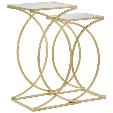 Coppia Tavolinetti Simply Quadrati In Ferro, Mdf E Specchio Gold - 35 X H 70 E 30 X H 60 Cm - Foto 1