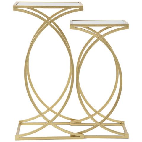 Coppia Tavolinetti Simply Quadrati In Ferro, Mdf E Specchio Gold - 35 X H 70 E 30 X H 60 Cm - Foto 2