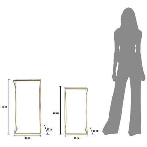 Coppia Tavolinetti Simply Quadrati In Ferro, Mdf E Specchio Gold - 35 X H 70 E 30 X H 60 Cm - Foto 8