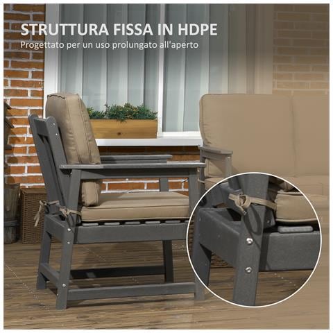 Salotto Da Giardino Con Divanetto, 2 Poltrone E Tavolino In Hdpe Con Cuscini, Grigio Scuro - Foto 6