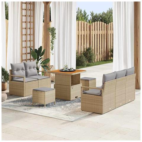 Set di Divani da Giardino  8 Pezzi con Cuscini Beige Polyrattan Acacia, Divano da Giardino  2 Posti con Cuscini Beige Polyrattan, Set da Pranzo Giardino vitaXL 3 Pezzi con Cuscini Beige Polyrattan Acacia - Foto 2