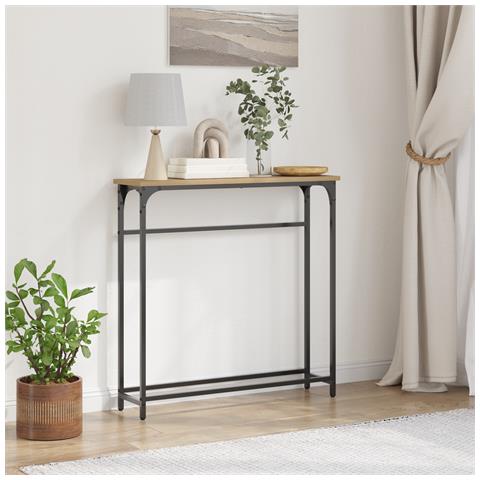 Tavolo Consolle in Rovere Artigianale 75x19,5x75 cm in Legno Ingegnerizzato e Acciaio - Foto 2