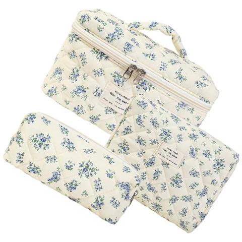 Set Di 3 Trousse Cosmetiche Trapuntate Portatili Con Motivo Floreale - Organizer Da Viaggio Leggero Ed Espandibile Multicolor - Foto 2