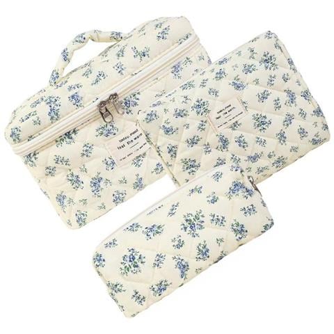 Set Di 3 Trousse Cosmetiche Trapuntate Portatili Con Motivo Floreale - Organizer Da Viaggio Leggero Ed Espandibile Multicolor - Foto 3