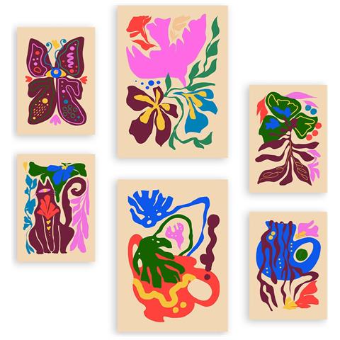 Set Di 6 Stampe Pittoreschi 4 Quadri Decorativi Astratti Con Fiori Per Il Tuo Soggiorno, Camera Da Letto, Casa A3 & A4 Senza Cornice - Foto 1