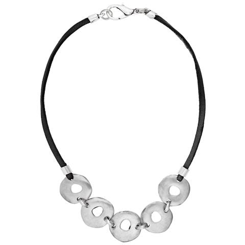 Collana Girocollo In Pelle Nera Con Cerchi Placcati Argento - Foto 1
