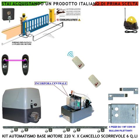 Kit Automazione Cancello Scorrevole 6 Q.li Motore 220 V 4 Mt Cremagliere 2 Telecomandi Fotocellule Faro Antenna Selett - Foto 1