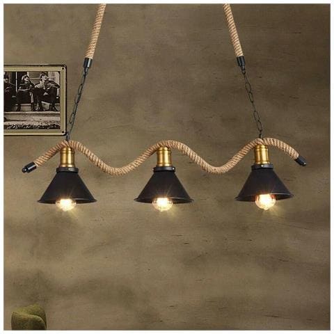 Lampadario Corda In Canapa Paralume Campana 3 Portalampada E27 Stile RetrÒ B24-3 - Foto 1