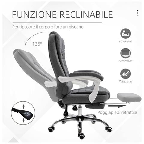 Sedia da Ufficio Reclinabile con Poggiapiedi Retrattile e Schienale Alto in Tessuto, Grigio - Foto 2