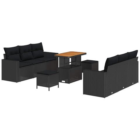 Set di Sofà da Giardino 9 Pezzi con Cuscini Nero Polyrattan Acacia, Set da Pranzo 3 Pezzi da Giardino con Cuscini Nero Polyrattan Acacia - Foto 1