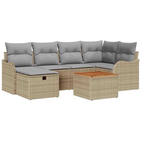 Set Divano da Giardino 7 Pezzi con Cuscini Beige in Rattan Polivalente, Divano da Giardino a 2 Posti con Storage e Cuscini Beige in Rattan Polivalente - Foto 1