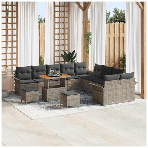 Set Divano Giardino  13 Pezzi con Cuscini Grigio Polyrattan Acacia, Divano Giardino  2 Posti con Cuscini Grigio Polyrattan, Set Pranzo Giardino  3 Pezzi con Cuscini Grigio Polyrattan Acacia - Foto 2