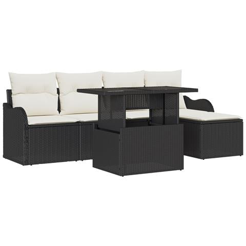 Set da giardino a 6 pezzi con cuscini Nero Rattan PE, Divano da giardino 2 posti con cuscini Nero Rattan PE - Foto 1
