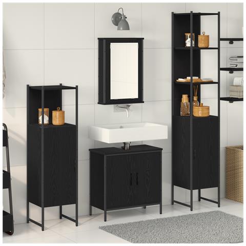 Set Mobili da Bagno 4 Pezzi Rovere Nero Legno Ingegnerizzato - Foto 2