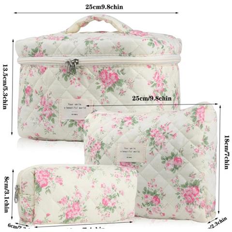 Set Di 3 Trousse Cosmetiche Trapuntate Portatili Con Motivo Floreale - Organizer Da Viaggio Leggero Ed Espandibile Multicolor2 - Foto 1
