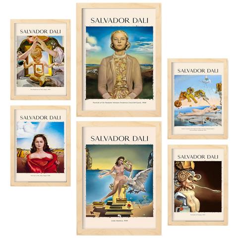 Set Di 6 Stampe Collezione Di Opere D'arte Di Salvador Dalì, Quadri Decorativi Per Il Tuo Soggiorno, Stampe Artistiche Da Parete Per La Casa A3 & A4 Telaio In Legno Chiaro - Foto 1