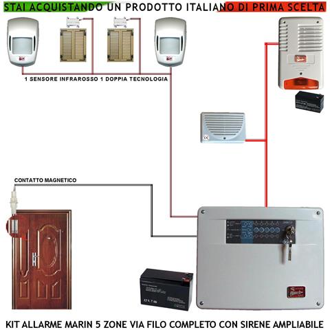 Kit Impianto Antifurto Marin Centrale 5 Zone 2 Sensori Di Movimento 2 Contatti Magnetici 1 Contatto Magnetico Per Infi - Foto 1