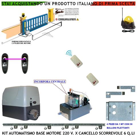 Kit Automazione Cancello Scorrevole 6 Quintali Motore 220 V 4 Metri Cremagliere 2 Telecomandi Fotocellule Faro Antenna - Foto 1