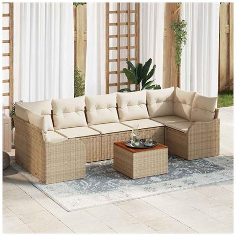 Set di Divani da Giardino  8 Pezzi con Cuscini Beige Polyrattan Acacia, Divano da Giardino 2 Posti  con Cuscini Beige Polyrattan - Foto 2