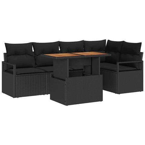 Set Divano da Giardino 6 Pezzi con Cuscini Nero in Rattan, Divano da Giardino 2 Posti con Spazio di Stoccaggio e Cuscini Nero in Rattan - Foto 1