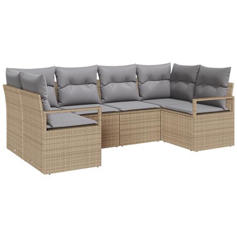 Set Divani Giardino 6 Pezzi con Cuscini Beige in Polyrattan, Divano Giardino Due Posti con Cuscini Beige in Polyrattan - Foto 1