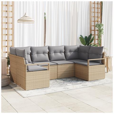 Set Divani Giardino 6 Pezzi con Cuscini Beige in Polyrattan, Divano Giardino Due Posti con Cuscini Beige in Polyrattan - Foto 2