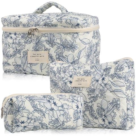 Set Di 3 Trousse Cosmetiche Trapuntate Portatili Con Motivo Floreale - Organizer Da Viaggio Leggero Ed Espandibile Multicolor3 - Foto 1