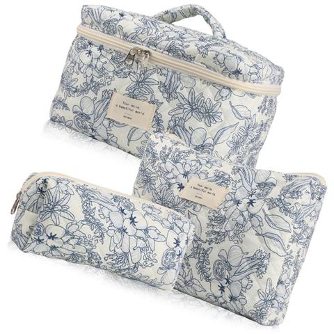 Set Di 3 Trousse Cosmetiche Trapuntate Portatili Con Motivo Floreale - Organizer Da Viaggio Leggero Ed Espandibile Multicolor3 - Foto 3