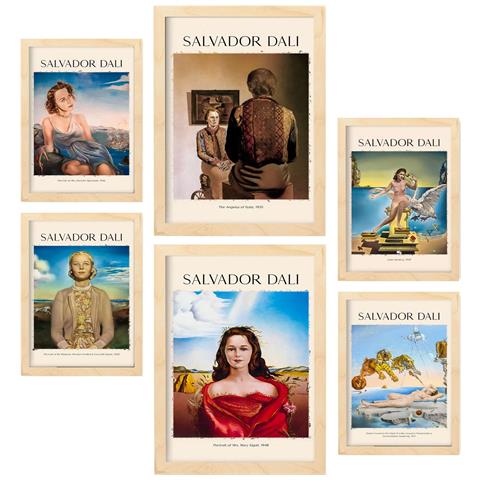 Set Di 6 Stampe Salvador Dali 2 Collezione Di Opere D'arte Quadri Decorativi Per Il Tuo Soggiorno Stampe Artistiche Da Parete Per La Casa A3 & A4 Telaio In Legno Chiaro - Foto 1
