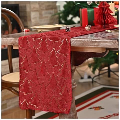 Elegante Runner Da Tavola Con Albero Di Natale E Accenti In Lamina D'oro Per Decorazioni Festive Red S - Foto 1