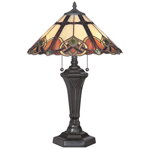 Lampada Da Tavolo A 2 Luci Vintage Bronzo, Vetro Tiffany, E27 - Foto 2