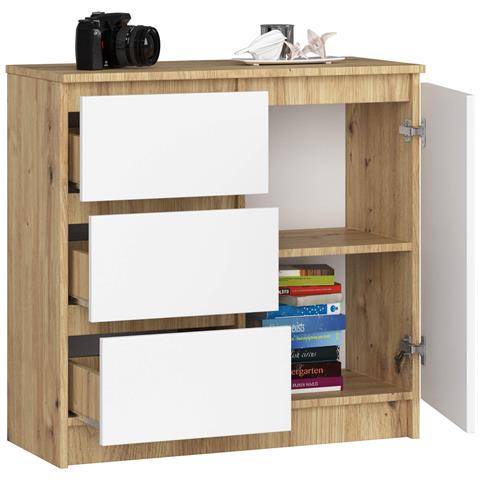 Cassettiera JERRY, 1 anta e 3 cassetti, 80x35x77 cm, Colore Quercia Artisan e Bianco - Foto 2