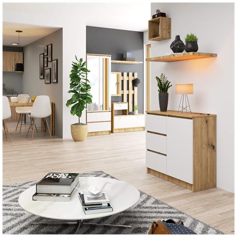 Cassettiera JERRY, 1 anta e 3 cassetti, 80x35x77 cm, Colore Quercia Artisan e Bianco - Foto 4