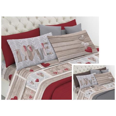 Completo Lenzuola Linea Pensieri Delicati 100% Cotone Disegno Shabby Love Piazza E Mezza Rosso - Foto 2
