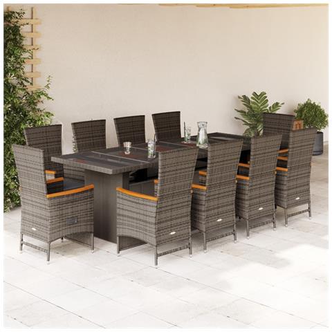 Set Da Pranzo Da Giardino 11pz Con Cuscini In Polyrattan Grigio - Foto 1