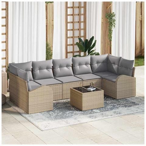 Set di Divani da Giardino  8 Pezzi con Cuscini Beige Polyrattan, Divano da Giardino 2 Posti  con Spazio di Stoccaggio e Cuscini Beige Polyrattan - Foto 2