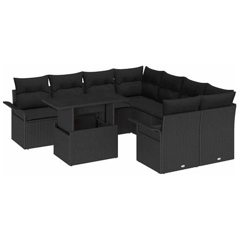 Set di Sofà da Giardino 9 Pezzi con Cuscini Nero Polyrattan, Sofà da Giardino a 2 Posti con Compartimento e Cuscini Nero Polyrattan - Foto 1