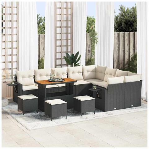 Set Divano Giardino  13 Pezzi con Cuscini Nero Rattan Polietilene Acacia, Set da Pranzo Giardino  4 Pezzi con Cuscini Nero Rattan Polietilene Acacia - Foto 2