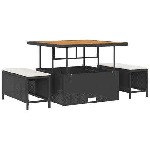Set da pranzo da giardino 3 pezzi con cuscini in polirattan nero e acacia - Foto 1