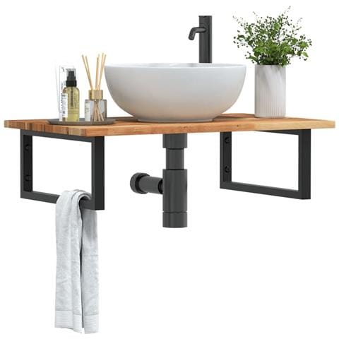 Ripiano a Parete per Lavabo in Acciaio e Massello di Acacia - Foto 2