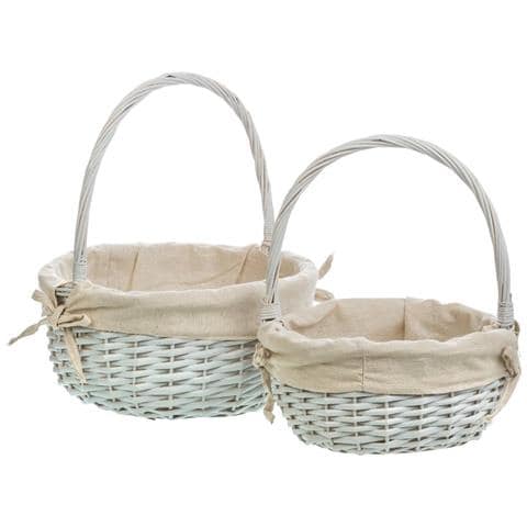 Set Di 3 Cestini In Vimini Bianchi Foderati - Foto 1