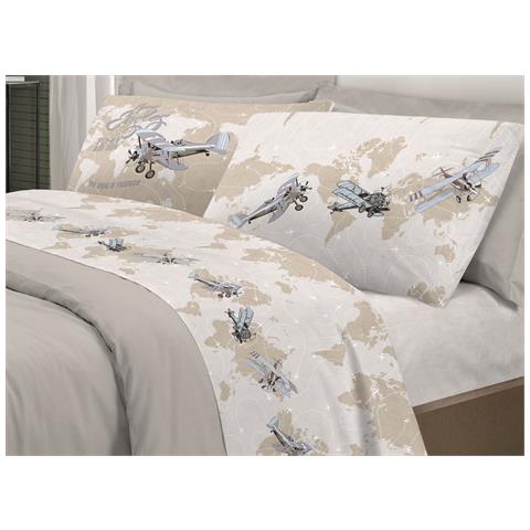 Completo Lenzuola Linea Pensieri Delicati 100% Cotone Disegno Aerei Matrimoniale Beige - Foto 1
