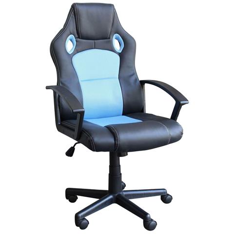 Poltrona Da Ufficio E Gaming Ergonomica In Pelle Nera E Tessuto Azzurro Stark - Foto 2