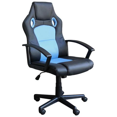 Poltrona Da Ufficio E Gaming Ergonomica In Pelle Nera E Tessuto Azzurro Stark - Foto 1
