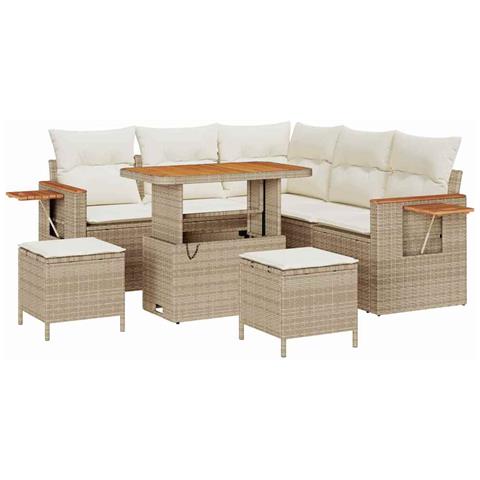 Set di divani da giardino 8 pezzi con cuscini beige rattan poliestere Acacia, Set da pranzo da giardino 3 pezzi con cuscini beige rattan poliestere Acacia - Foto 1