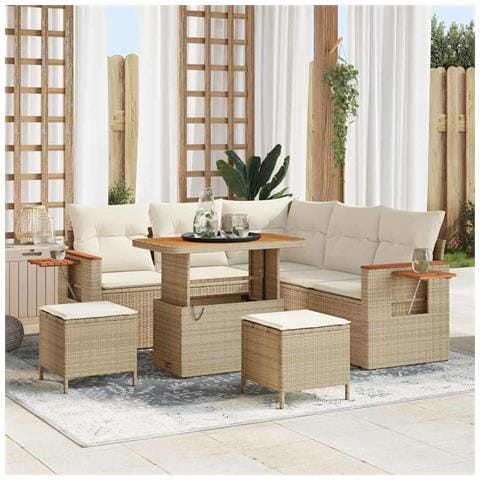 Set di divani da giardino 8 pezzi con cuscini beige rattan poliestere Acacia, Set da pranzo da giardino 3 pezzi con cuscini beige rattan poliestere Acacia - Foto 2