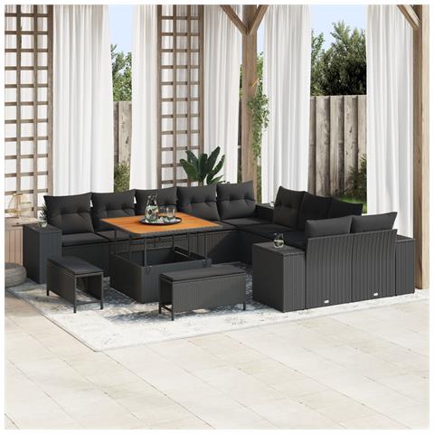 Set Divano Giardino 13 pezzi con Cuscini Nero Rattan Sintetico Acacia, Set da Pranzo Giardino 3 pezzi con Cuscini Nero Rattan Sintetico Acacia - Foto 2
